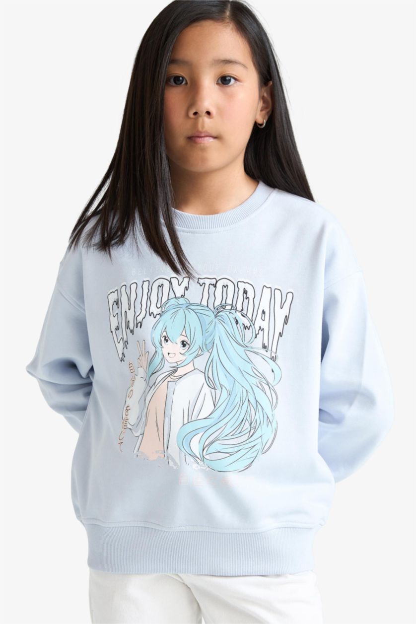 Kız Çocuk - Genç Kız Açık Mavi Relax Fit Bisiklet Yaka Anime Baskılı Sweatshirt Kız Çocuk
