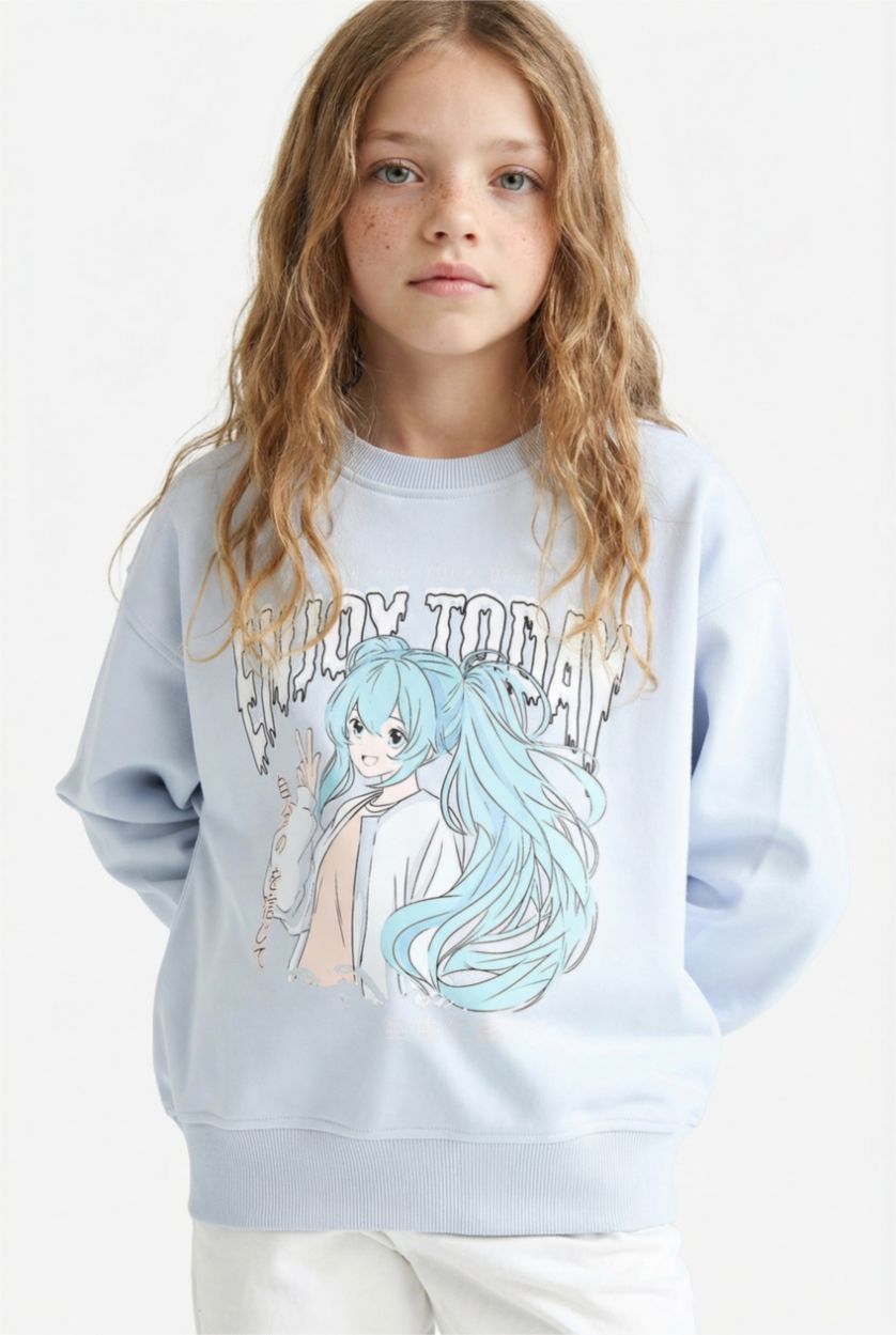 Kız Çocuk - Genç Kız Açık Mavi Relax Fit Bisiklet Yaka Anime Baskılı Sweatshirt Kız Çocuk