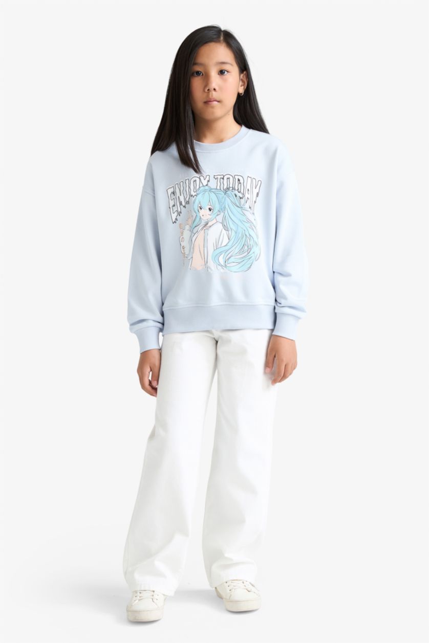 Kız Çocuk - Genç Kız Açık Mavi Relax Fit Bisiklet Yaka Anime Baskılı Sweatshirt Kız Çocuk