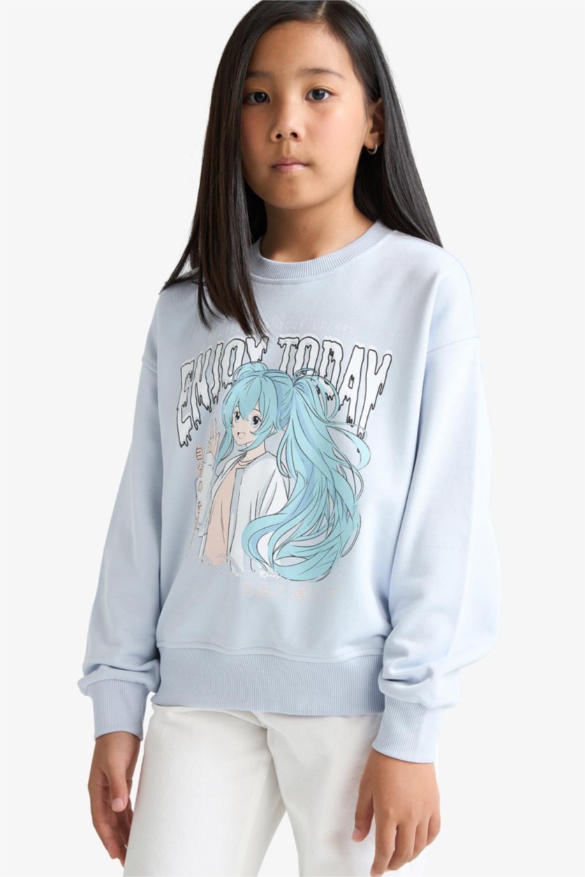 Kız Çocuk - Genç Kız Açık Mavi Relax Fit Bisiklet Yaka Anime Baskılı Sweatshirt Kız Çocuk