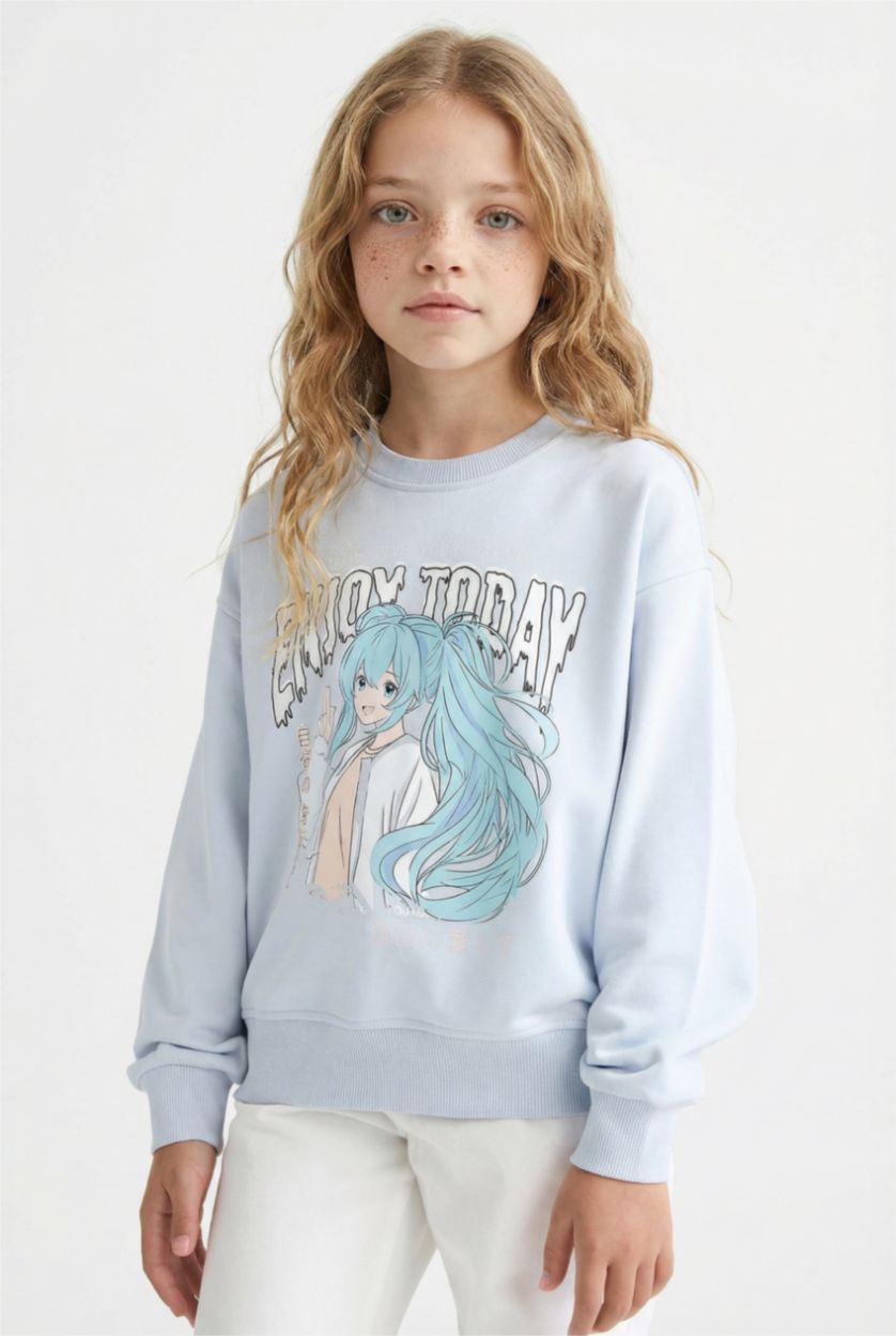 Kız Çocuk - Genç Kız Açık Mavi Relax Fit Bisiklet Yaka Anime Baskılı Sweatshirt Kız Çocuk