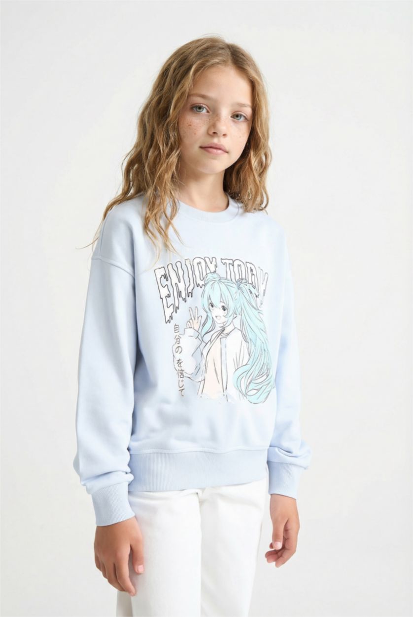Kız Çocuk - Genç Kız Açık Mavi Relax Fit Bisiklet Yaka Anime Baskılı Sweatshirt Kız Çocuk