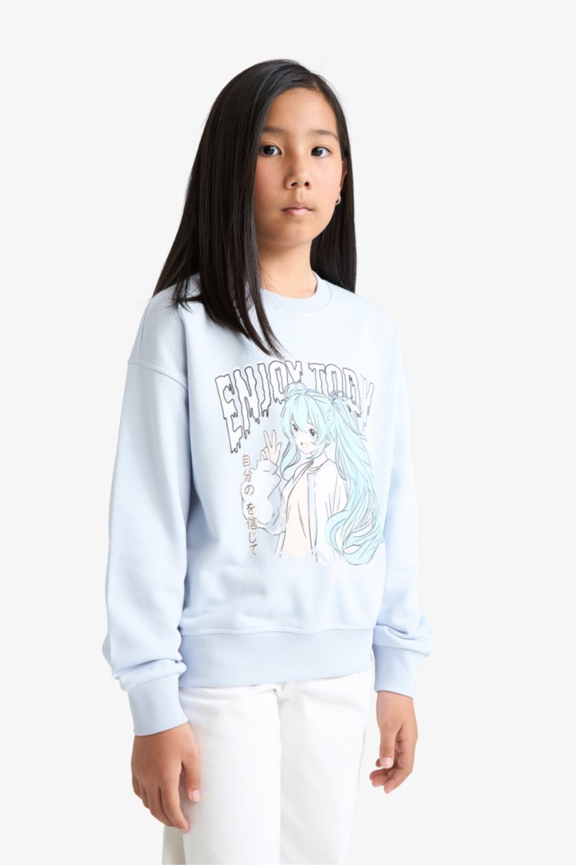 Kız Çocuk - Genç Kız Açık Mavi Relax Fit Bisiklet Yaka Anime Baskılı Sweatshirt Kız Çocuk