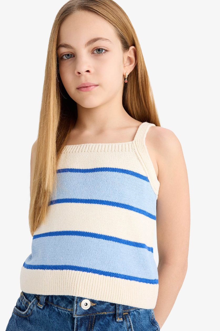 Kız Çocuk - Genç Kız Ekru Çizgili Triko Atlet Kız Çocuk