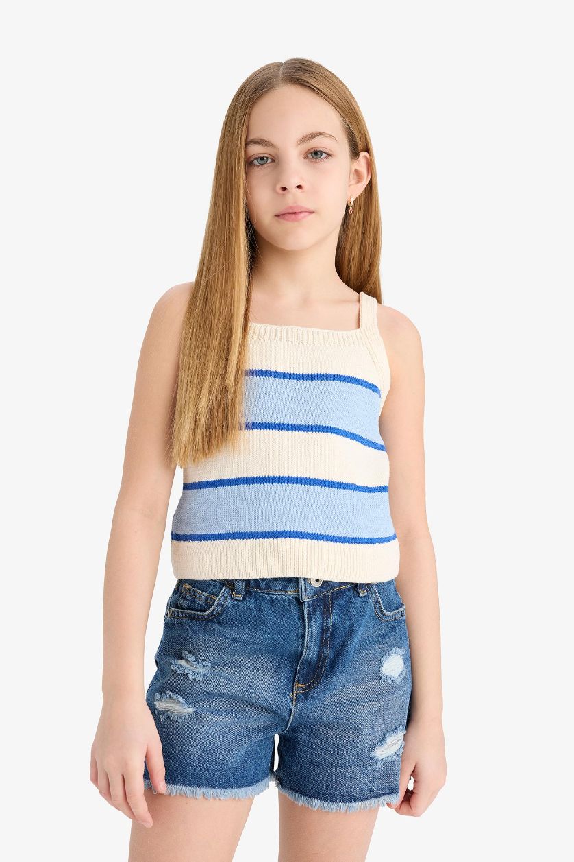 Kız Çocuk - Genç Kız Ekru Çizgili Triko Atlet Kız Çocuk