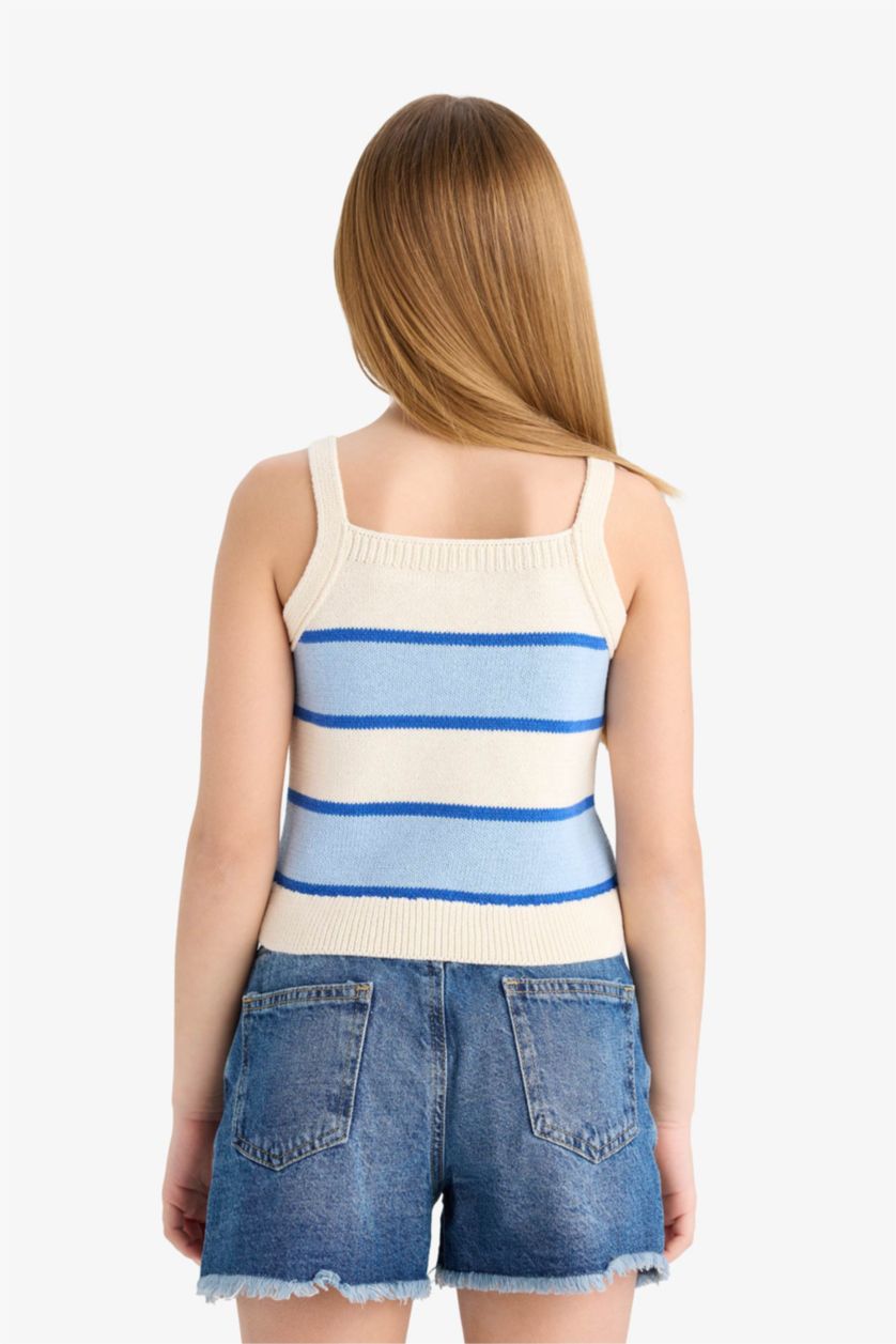 Kız Çocuk - Genç Kız Ekru Çizgili Triko Atlet Kız Çocuk