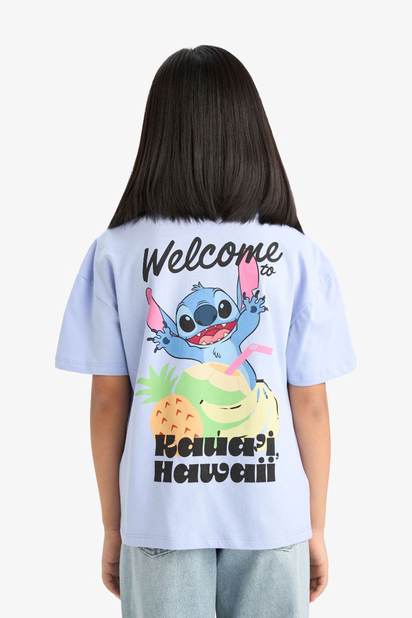 Kız Çocuk - Genç Kız Lila Disney Lilo & Stitch Bisiklet Yaka Sırt Baskılı Kısa Kollu Tişört Kız Çocuk