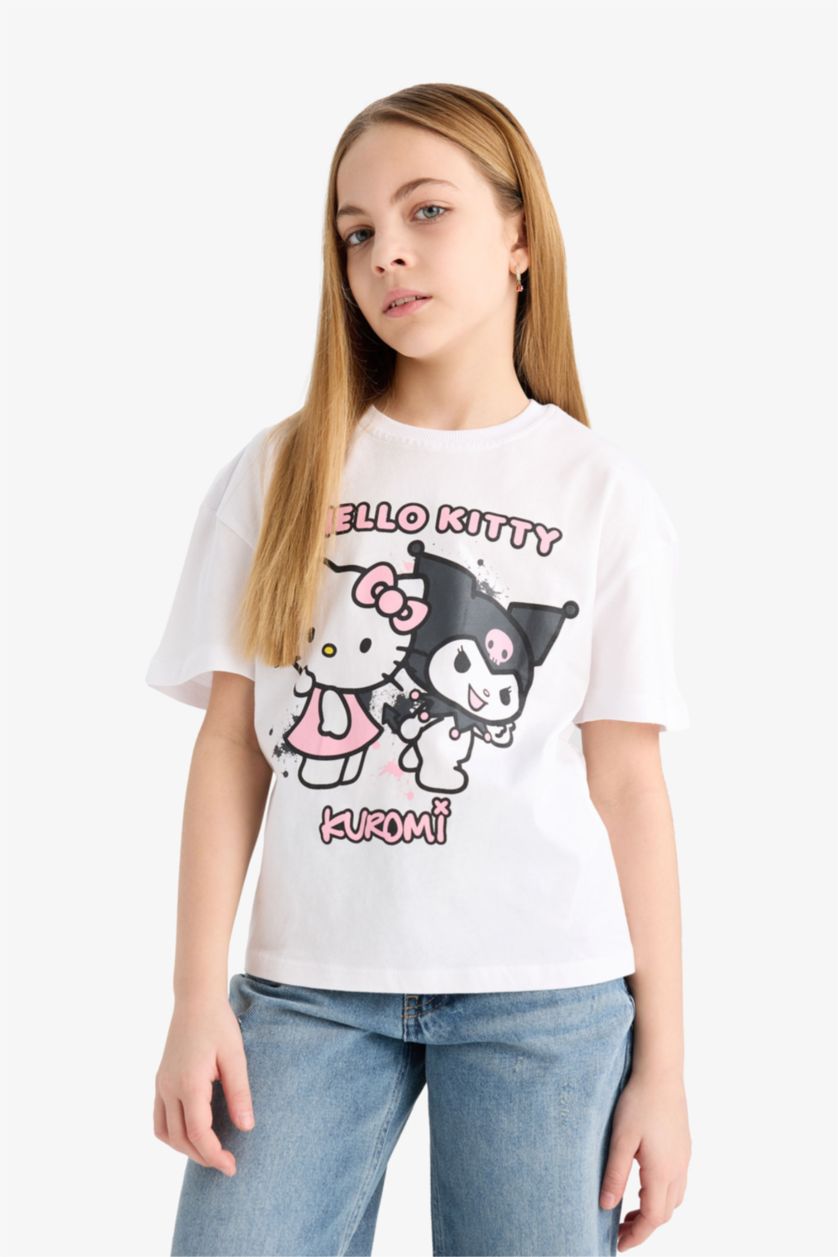 Kız Çocuk - Genç Kız Beyaz Hello Kitty Relax Fit Bisiklet Yaka Kısa Kollu Tişört Kız Çocuk