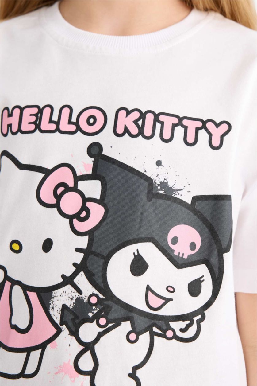 Kız Çocuk - Genç Kız Beyaz Hello Kitty Relax Fit Bisiklet Yaka Kısa Kollu Tişört Kız Çocuk