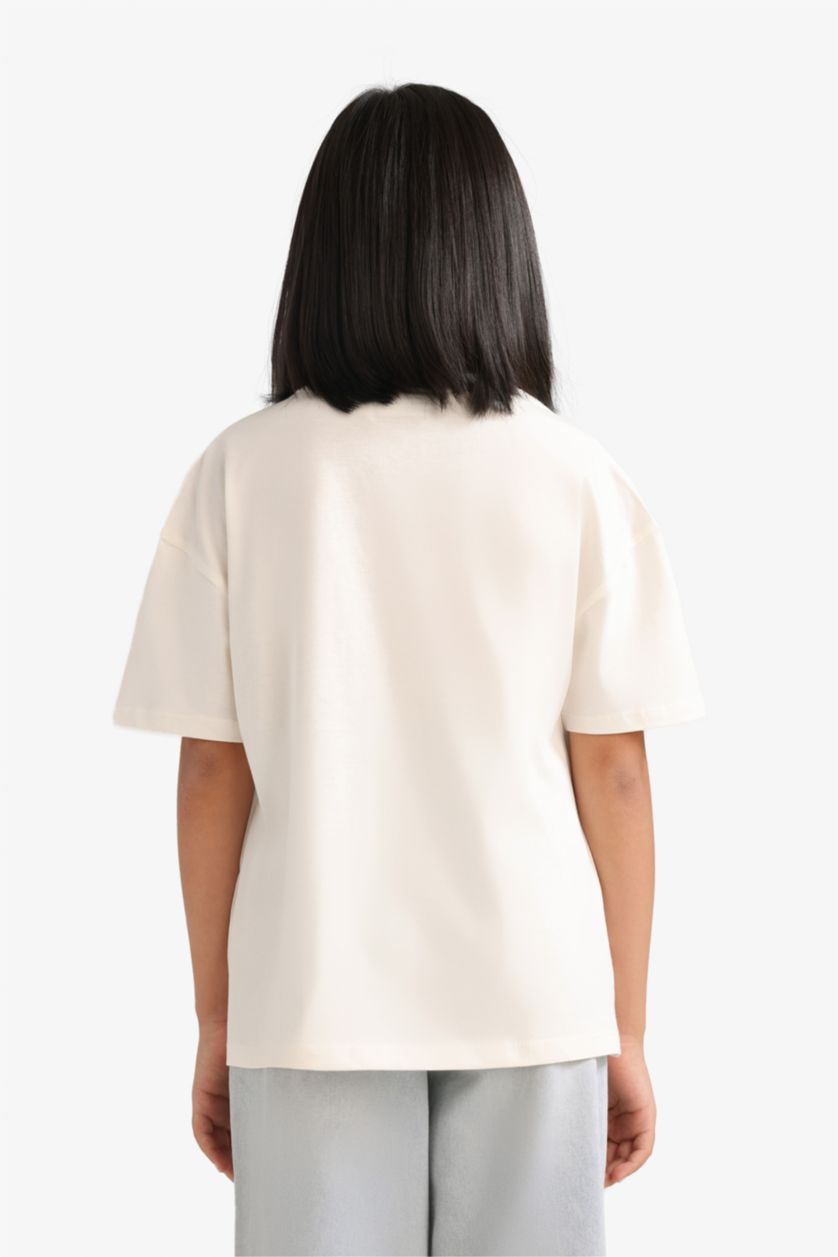 Kız Çocuk - Genç Kız Ekru PowerPuff Girls Oversize Geniş Kalıp Bisiklet Yaka Kısa Kollu Tişört Kız Çocuk