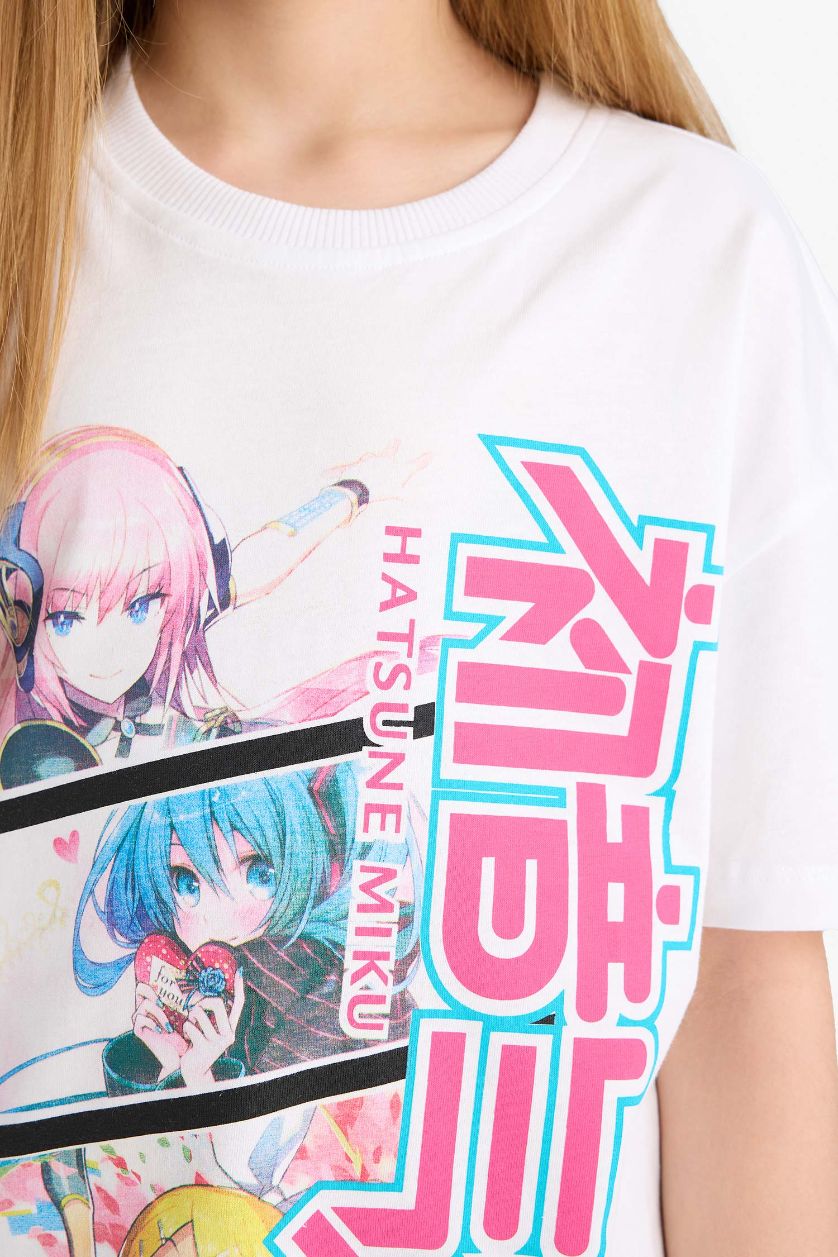 Kız Çocuk - Genç Kız Beyaz Hatsune Miku Relax Fit Bisiklet Yaka Kısa Kollu Tişört Kız Çocuk