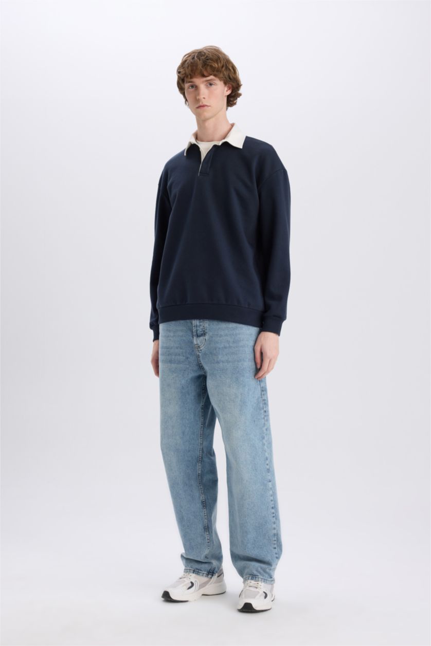 MAN NAVY Boxy Fit Polo Neck Basic Sweatshirt