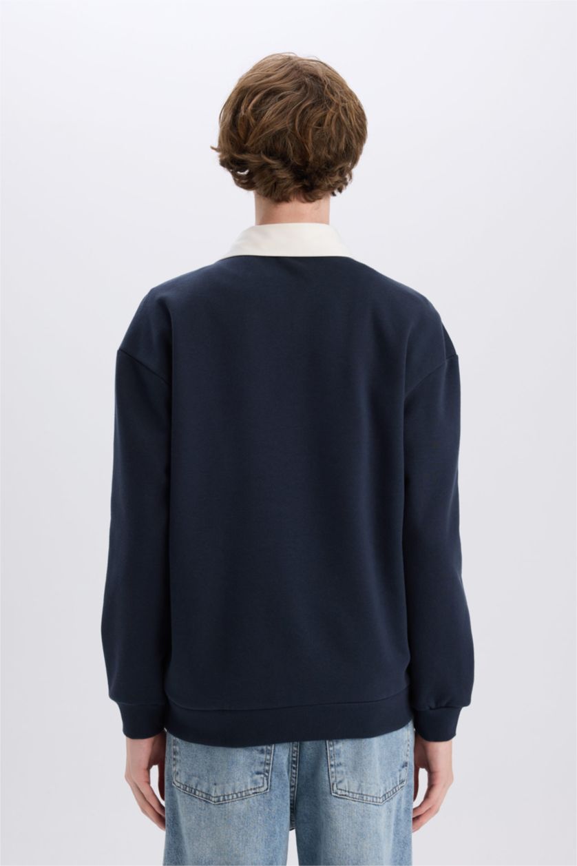MAN NAVY Boxy Fit Polo Neck Basic Sweatshirt