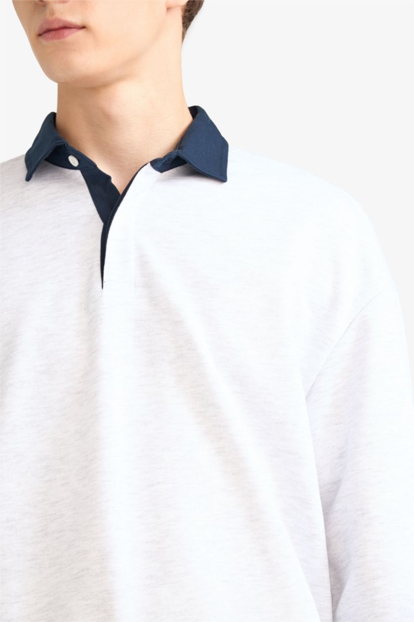 رجالي ميلانج رمادي فاتح سويت شيرت اوفر سايز بياقة بولو