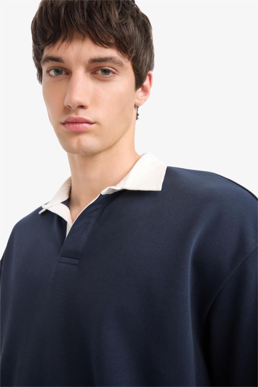 Erkek Lacivert Boxy Fıt Polo Yaka Sweatshirt
