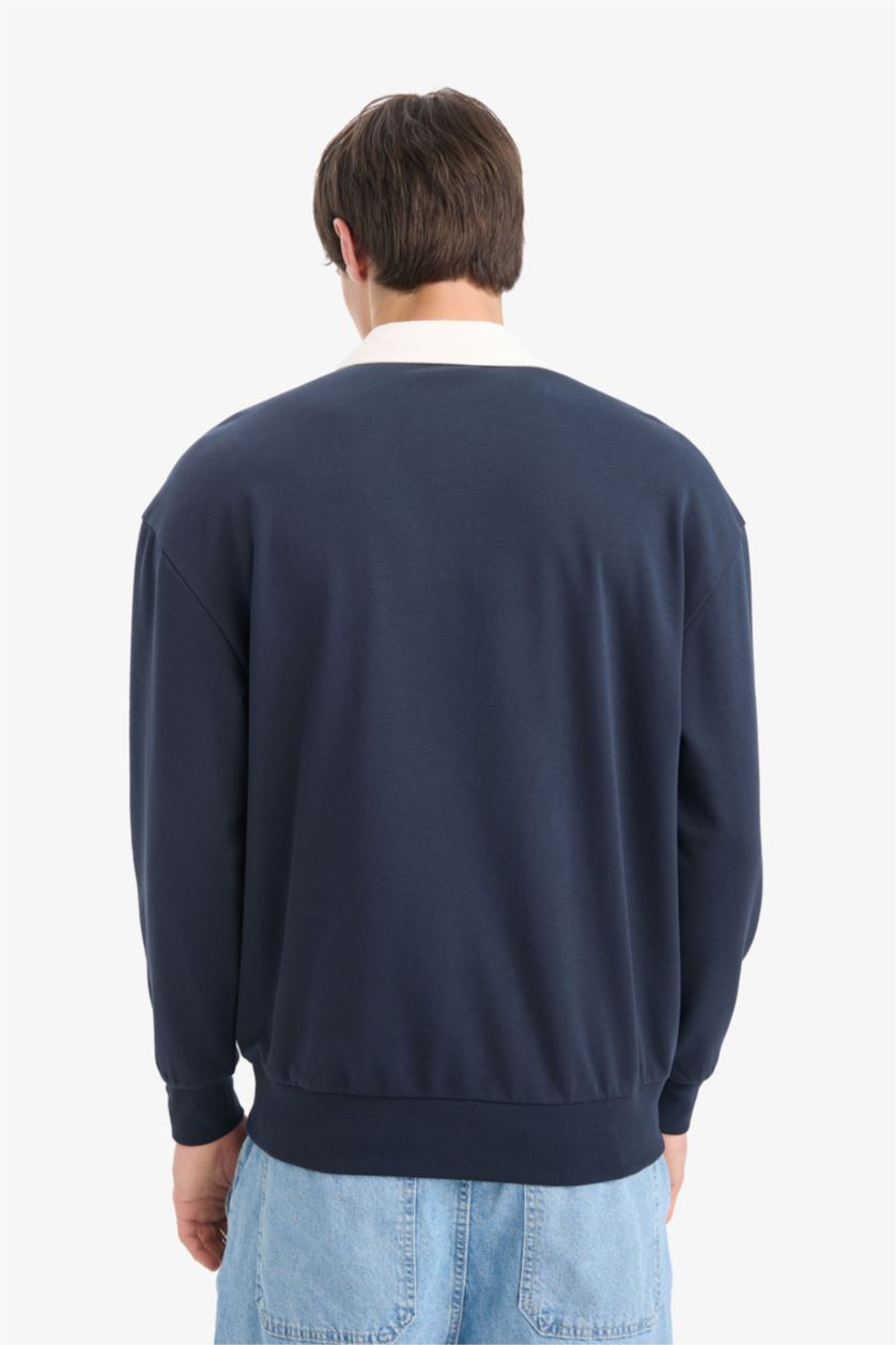 Erkek Lacivert Boxy Fıt Polo Yaka Sweatshirt