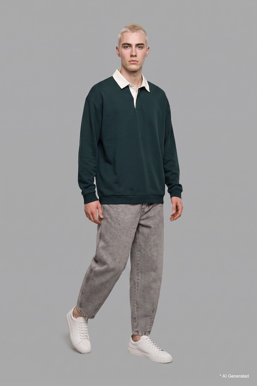 Erkek Koyu Yeşil Boxy Fit Polo Yaka Sweatshirt