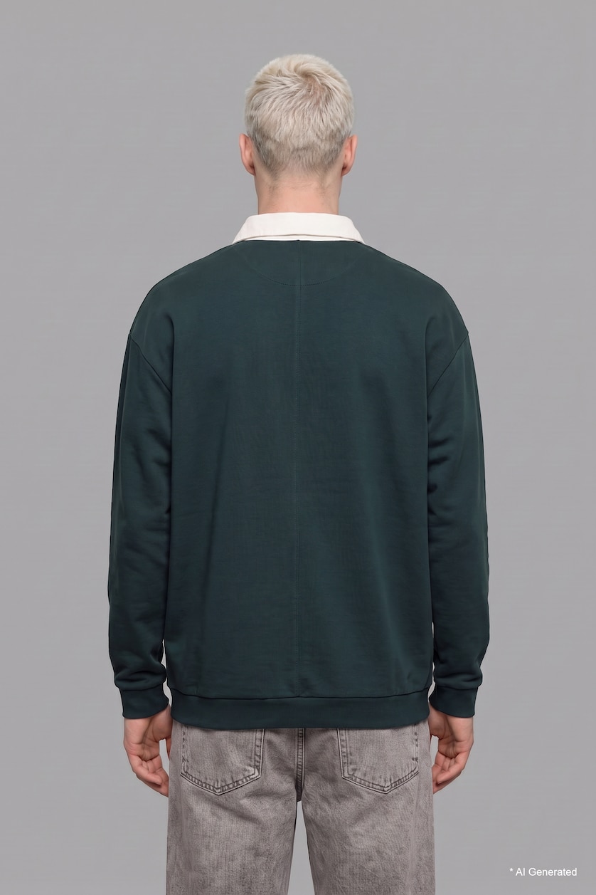 Erkek Koyu Yeşil Boxy Fit Polo Yaka Sweatshirt