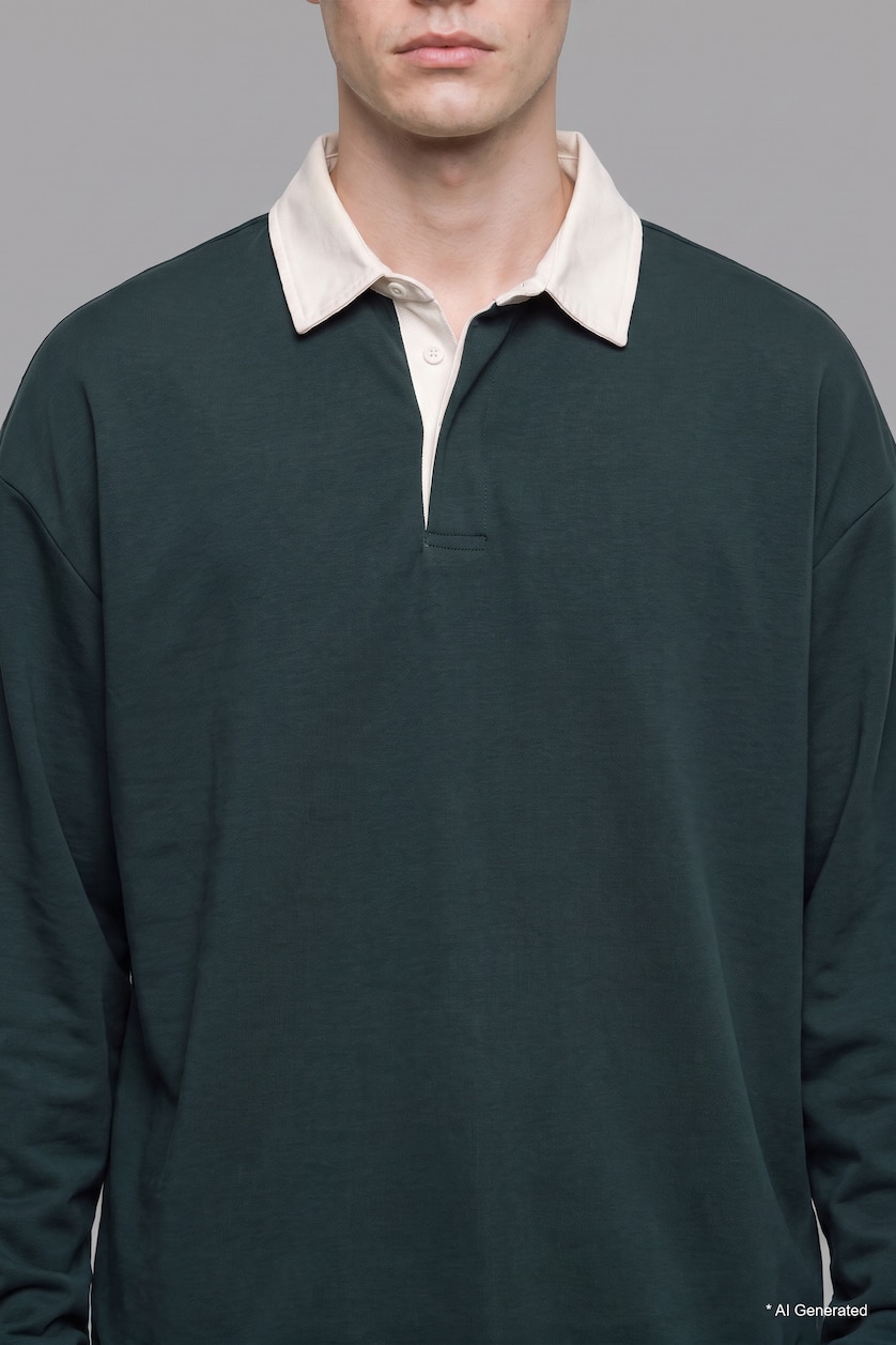 Erkek Koyu Yeşil Boxy Fit Polo Yaka Sweatshirt
