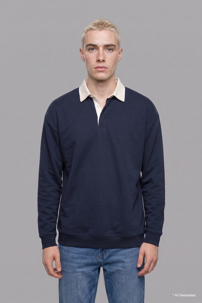 Man NAVY Boxy Fit Polo Collar Sweatshirt