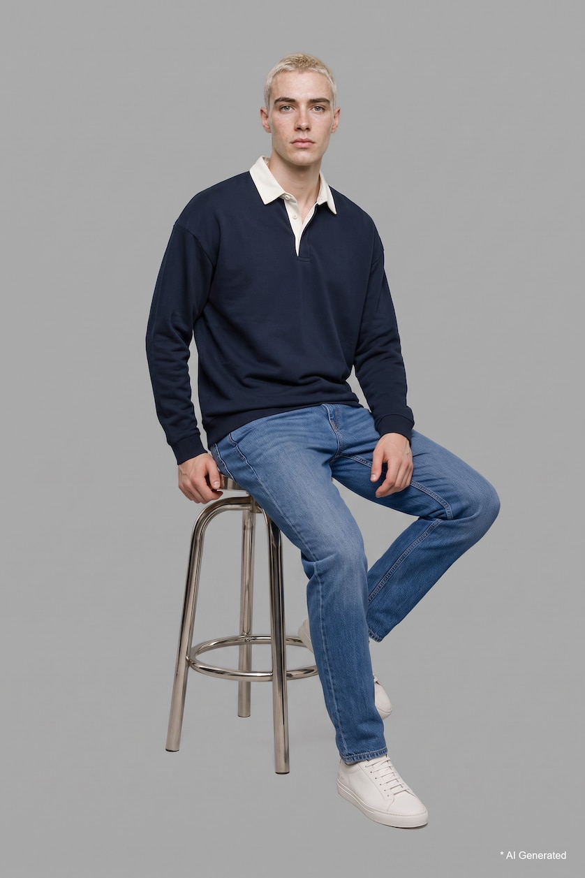 Man NAVY Boxy Fit Polo Collar Sweatshirt