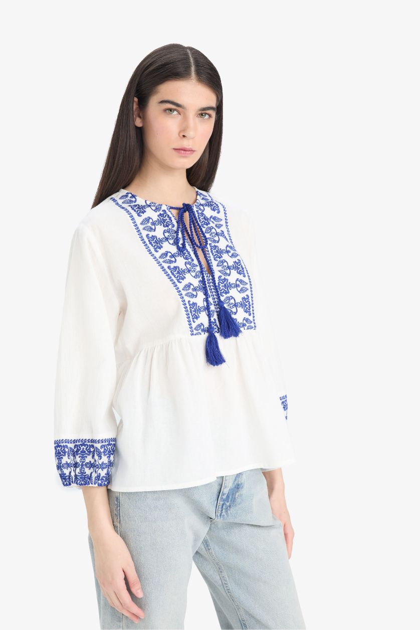 Woman Blue Regular Fit Crew Neck Long Sleeve Blouse