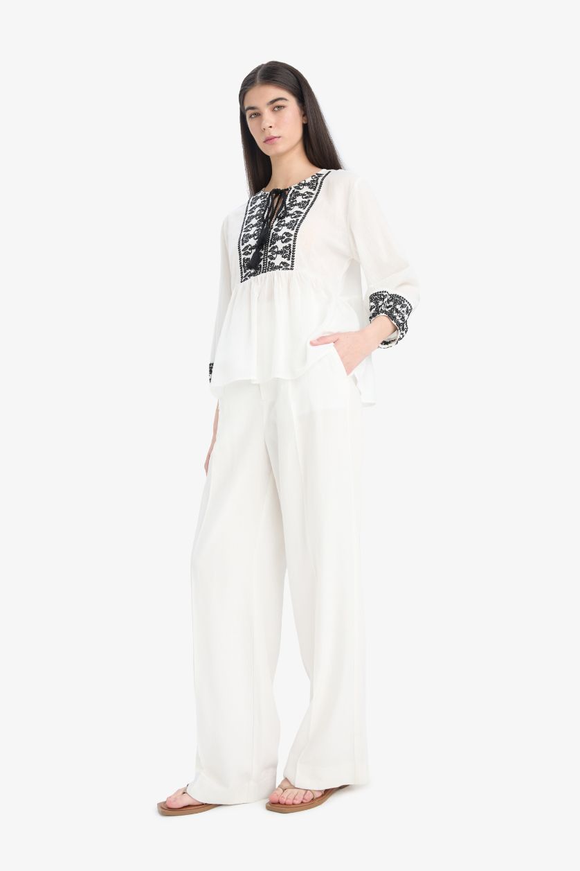 Kadın Siyah %100 Pamuk Keten Görünümlü Bluz