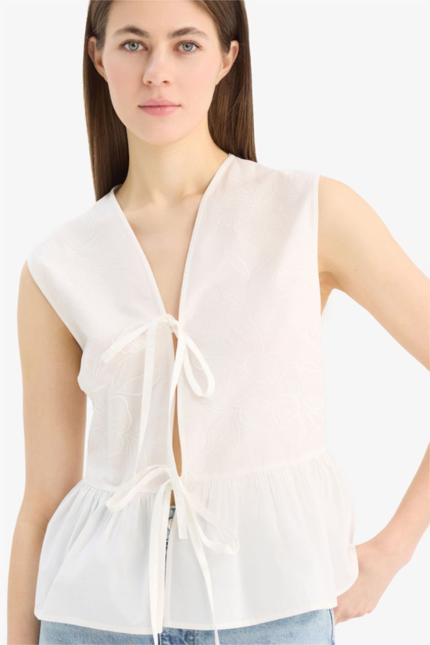 نساء أبيض بلوزة بدون أكمام سليم فيت برقبة V