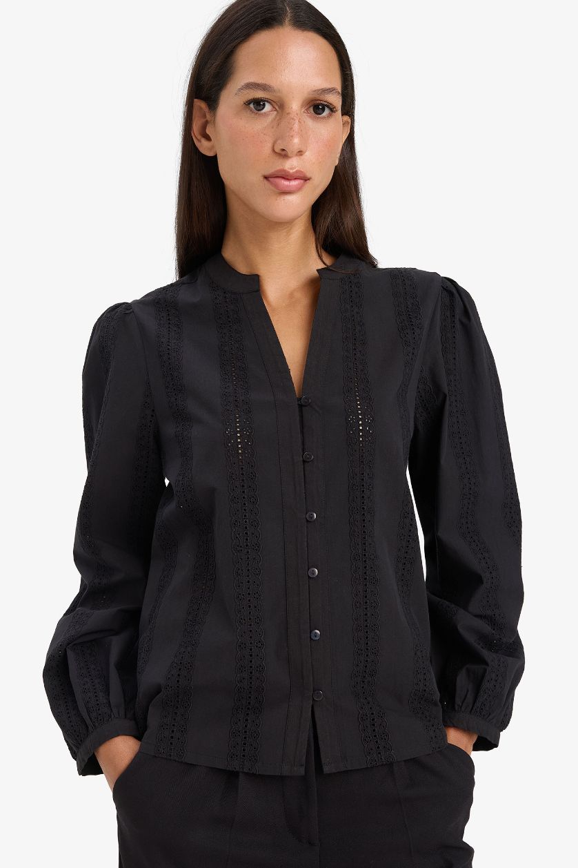 WOMAN Black Fitted Crew Neck Embroidered Long Sleeve Shirt