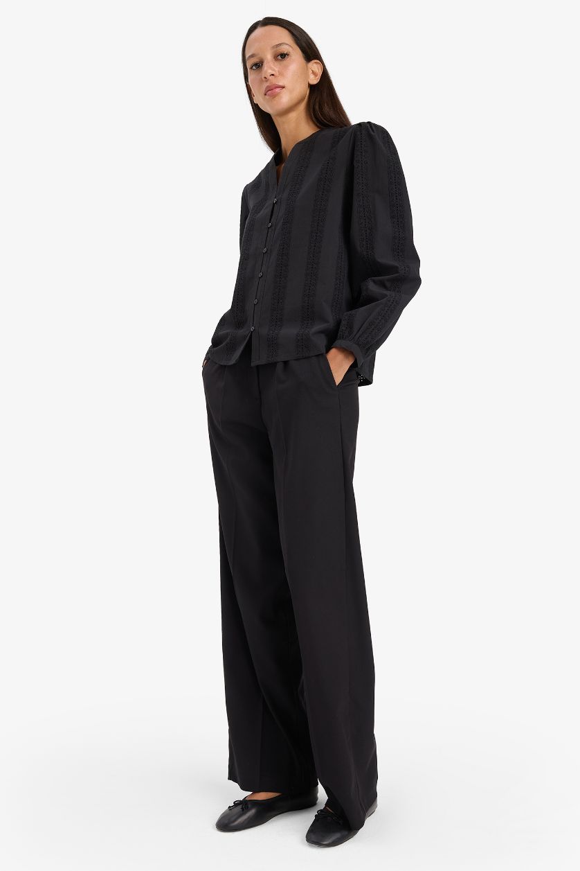 WOMAN Black Fitted Crew Neck Embroidered Long Sleeve Shirt