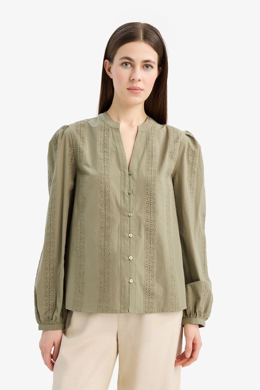 نساء كاكي قميص كم طويل تطريز قصة عادية بياقة مستديرة