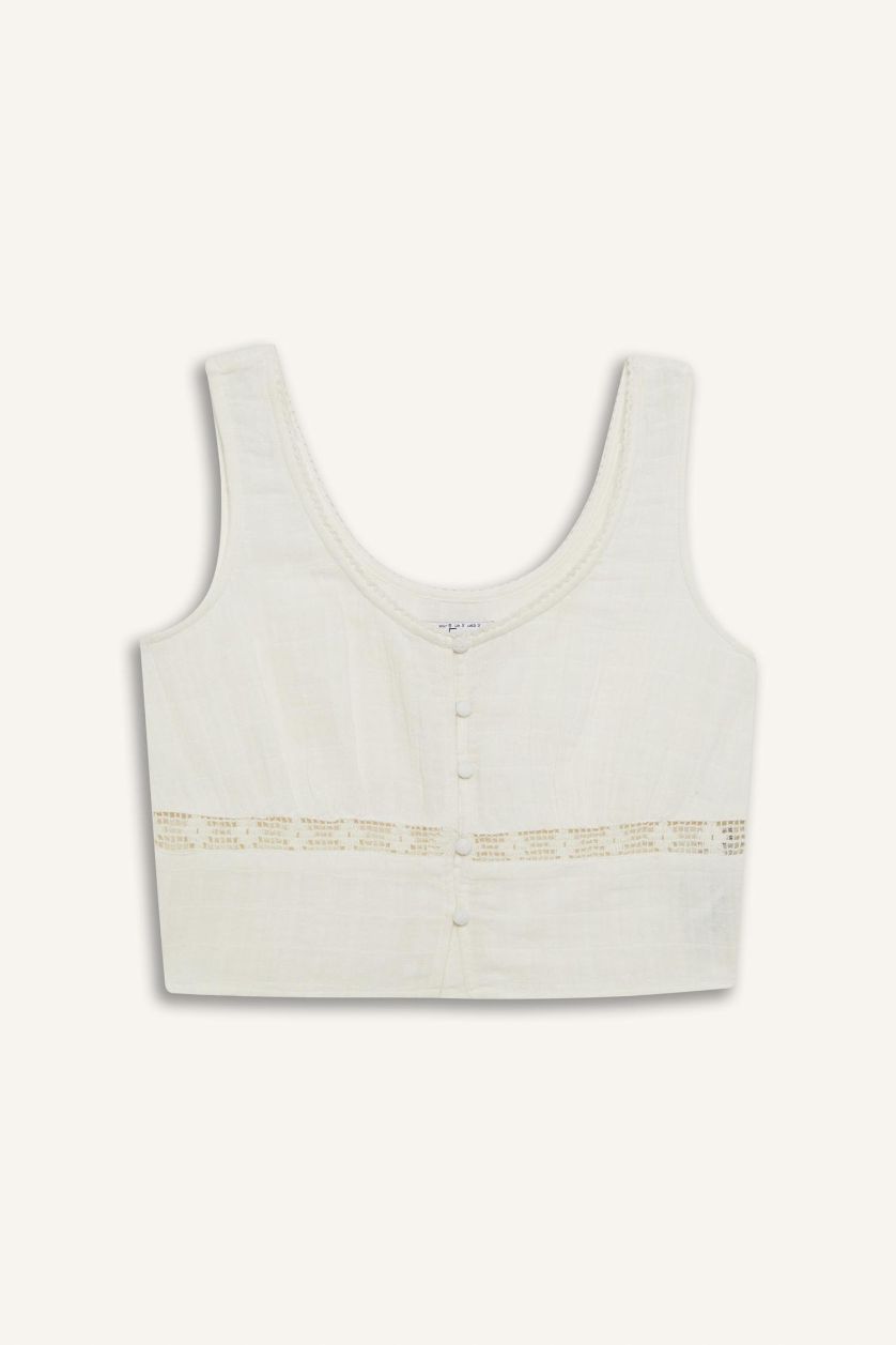 نساء اوف وايت بلوزة بدون أكمام سليم فيت من موسلين برقبة مستديرة