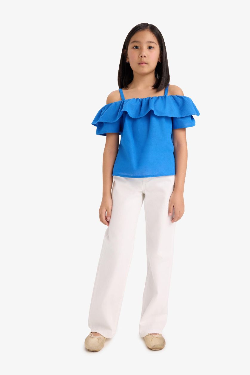 Kız Çocuk - Genç Kız Mavi Volanlı Açık Omuzlu Kısa Kollu Bluz Kız Çocuk