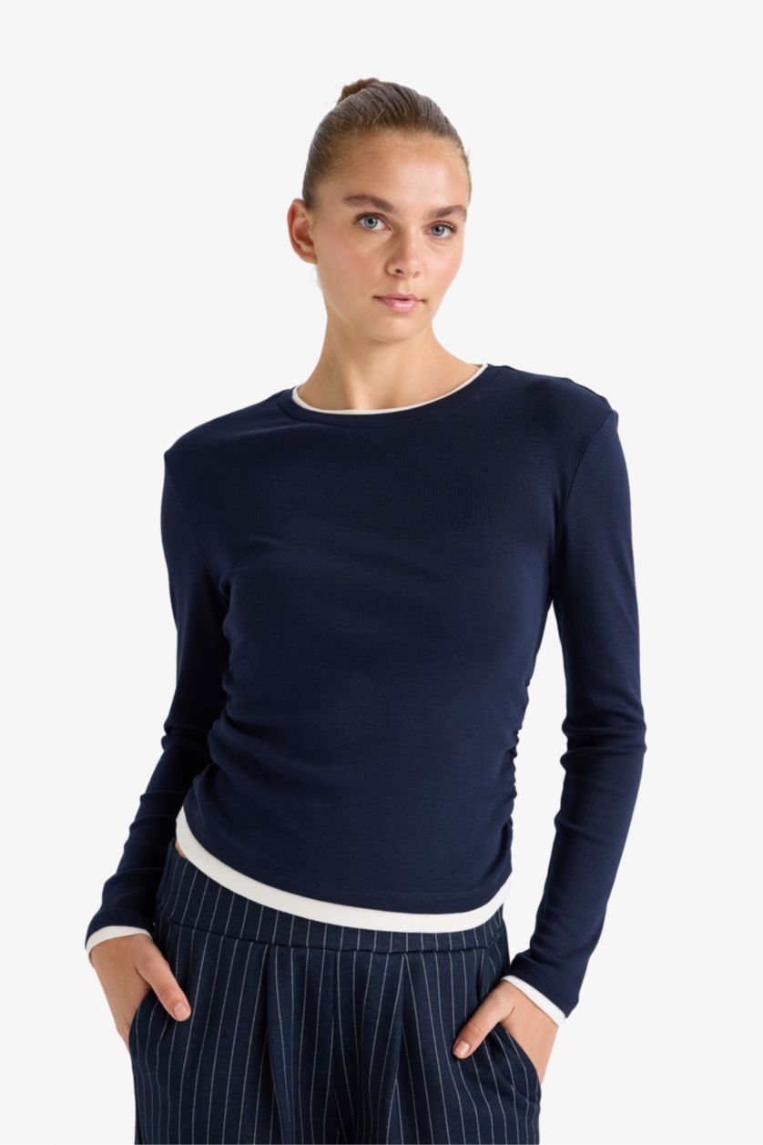 FEMME Marin T-shirt 100% coton à manches longues et col rond Coupe slim