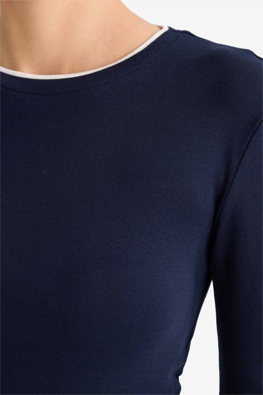 FEMME Marin T-shirt 100% coton à manches longues et col rond Coupe slim
