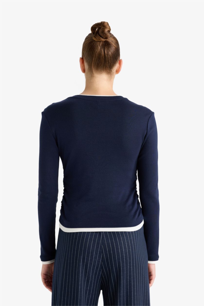 FEMME Marin T-shirt 100% coton à manches longues et col rond Coupe slim