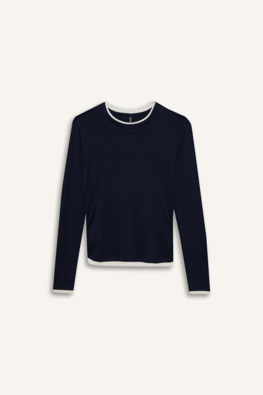 FEMME Marin T-shirt 100% coton à manches longues et col rond Coupe slim