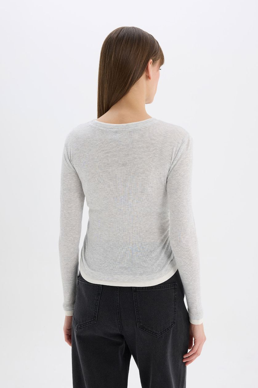 Kadın Gri Melanj Slim Fit Dar Kesim Bisiklet Yaka Basic Düz Ribana Uzun Kollu Tişört