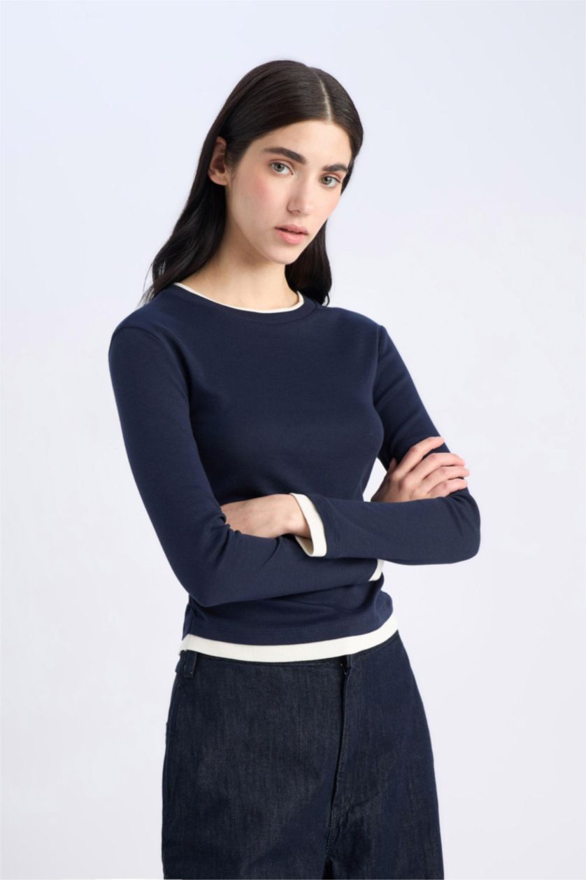 WOMAN NAVY Slim Fit Ribana Long Sleeve T-Shirt