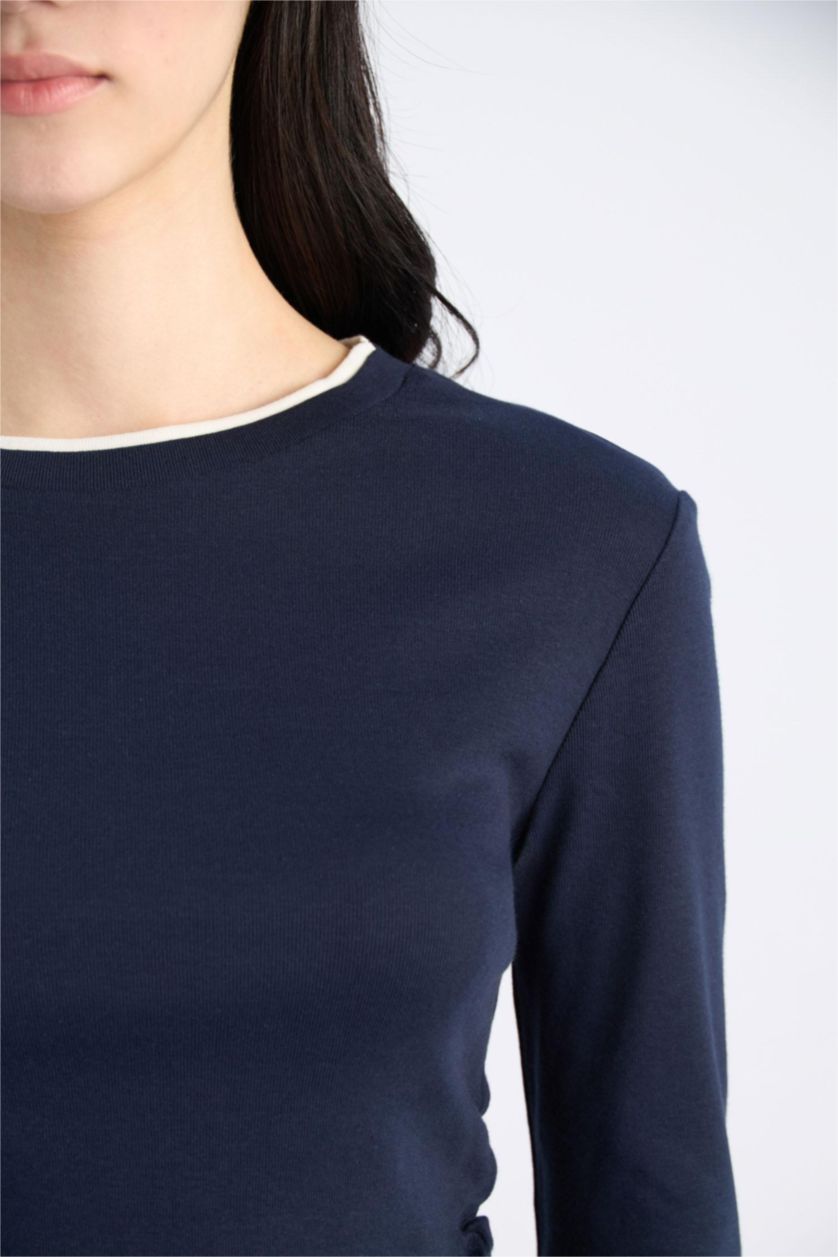 WOMAN NAVY Slim Fit Ribana Long Sleeve T-Shirt