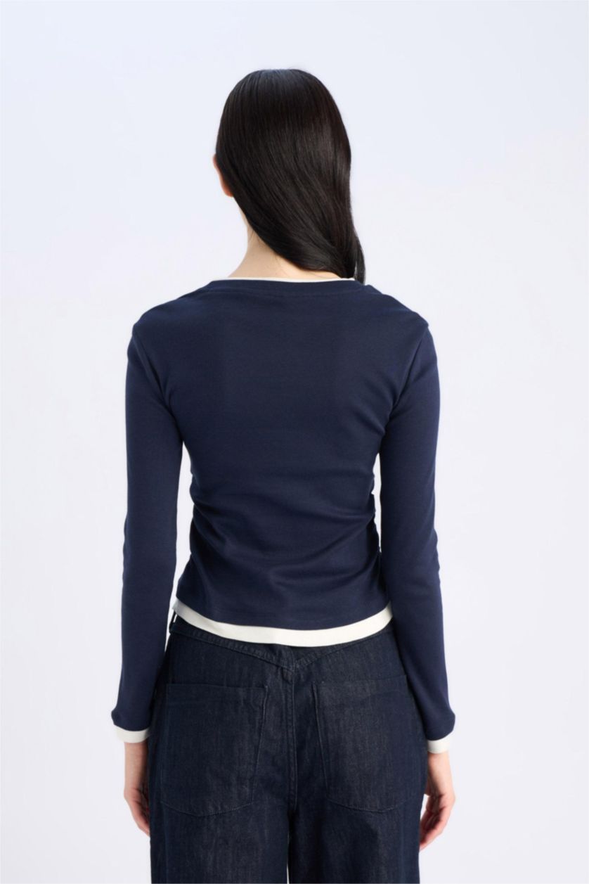 WOMAN NAVY Slim Fit Ribana Long Sleeve T-Shirt