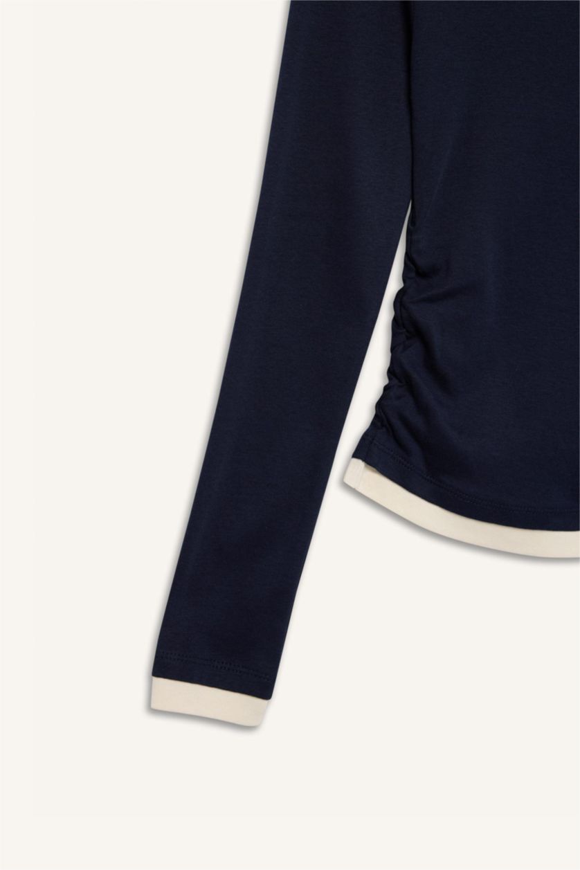 WOMAN NAVY Slim Fit Ribana Long Sleeve T-Shirt