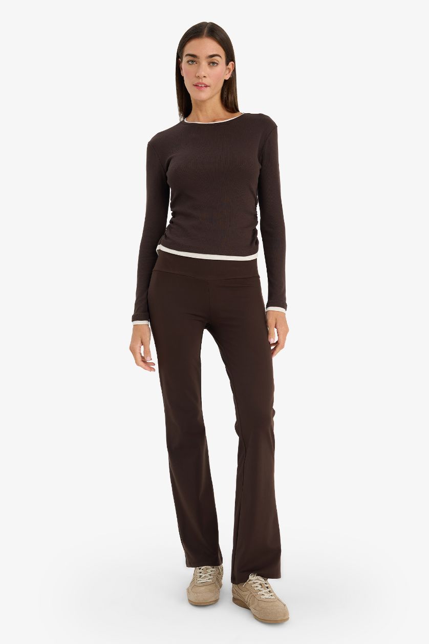 WOMAN Brown Slim Fit Crew Neck Ribbed Long Sleeve T-Shirt