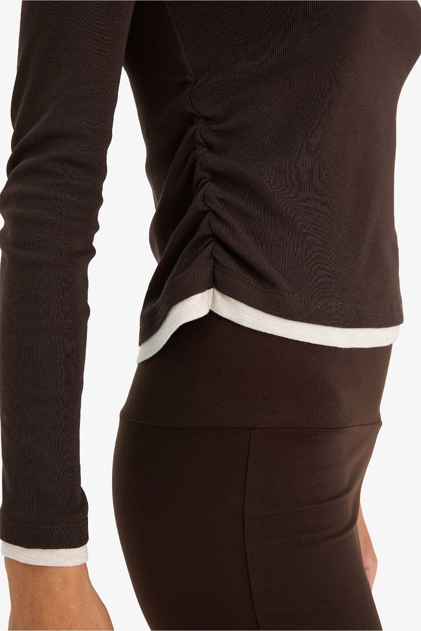 WOMAN Brown Slim Fit Crew Neck Ribbed Long Sleeve T-Shirt