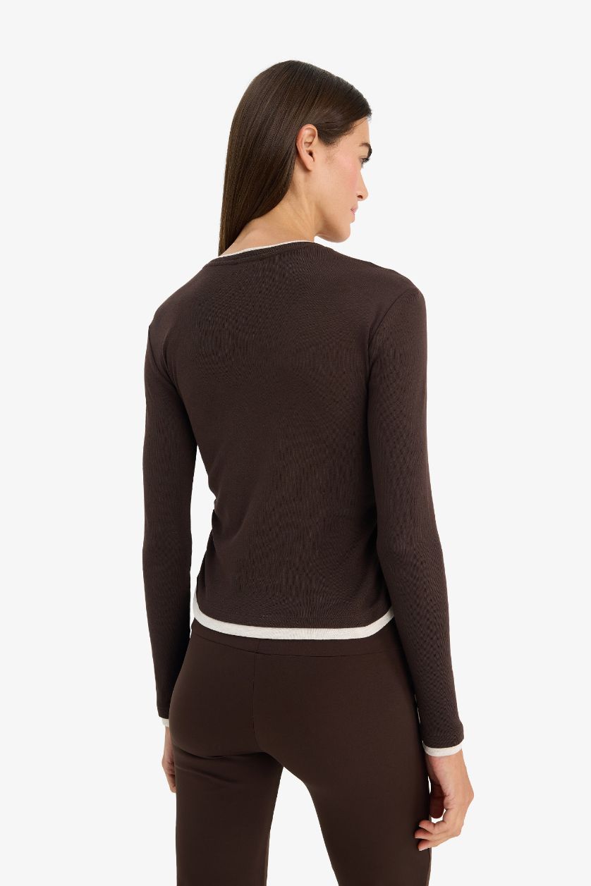 WOMAN Brown Slim Fit Crew Neck Ribbed Long Sleeve T-Shirt