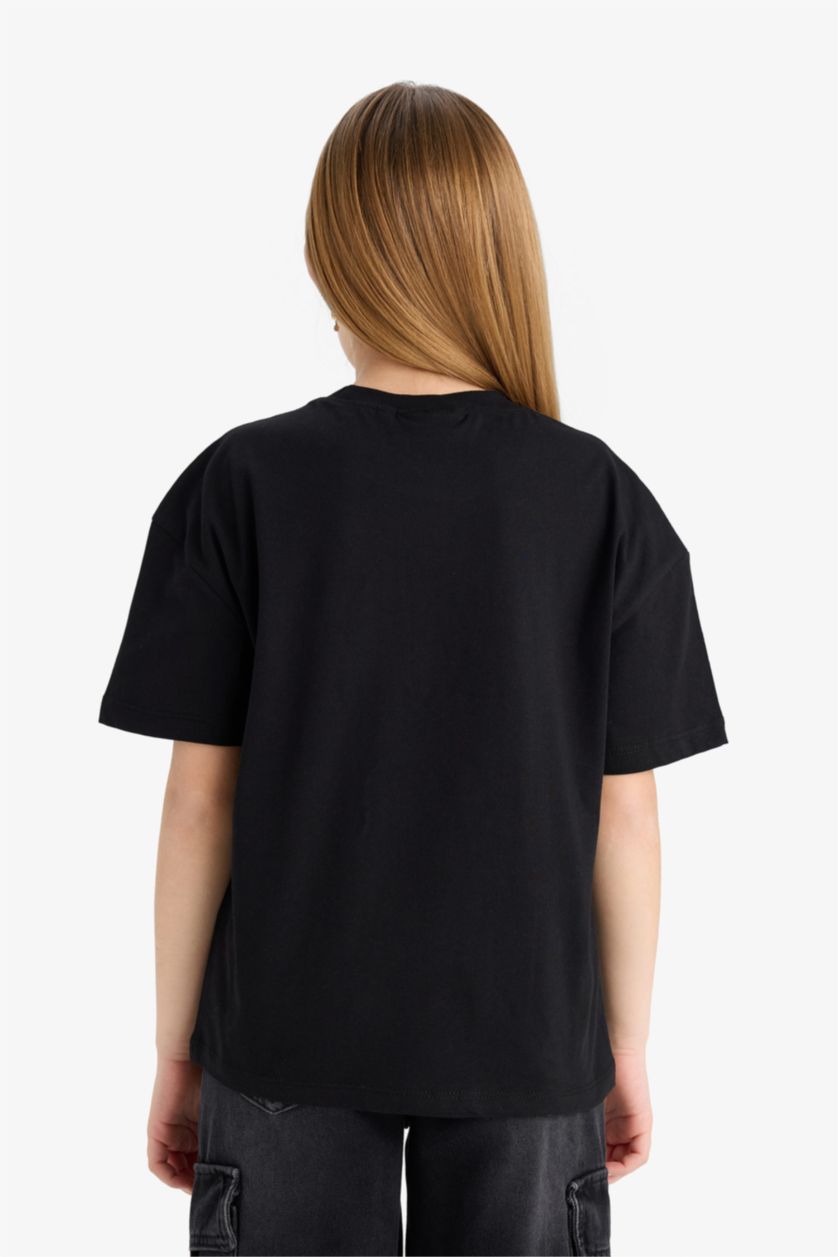 Kız Çocuk - Genç Kız Siyah Wednesday Relax Fit Bisiklet Yaka Kısa Kollu Tişört Kız Çocuk