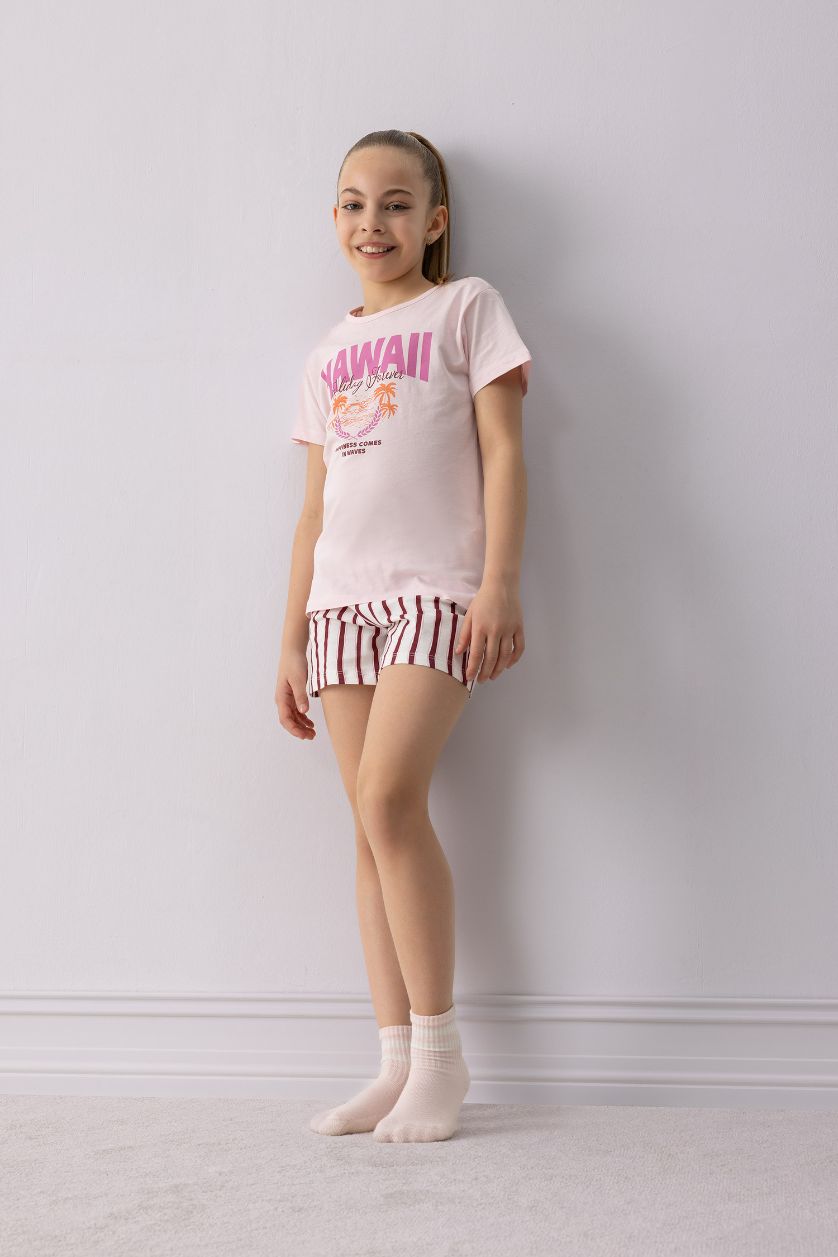 بنات زهري فاتح بيجاما بنات تيشيرت و شورت قصة عادية - قطعتين