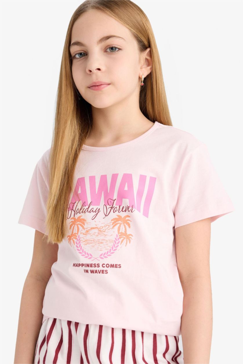 بنات زهري فاتح بيجاما بنات تيشيرت و شورت قصة عادية - قطعتين