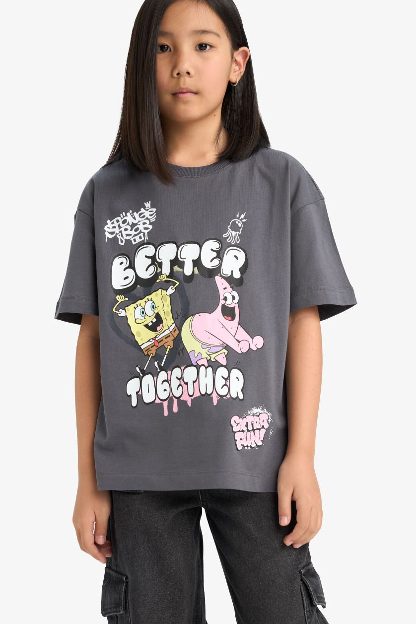 Kız Çocuk - Genç Kız Antrasit SpongeBob Oversize Geniş Kalıp Bisiklet Yaka Kısa Kollu Tişört Kız Çocuk