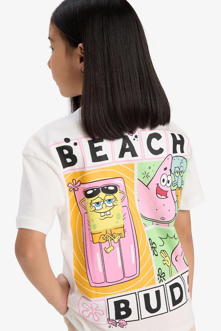 Kız Çocuk - Genç Kız Kırık Beyaz SpongeBob Relax Fit Bisiklet Yaka Sırt Baskılı Kısa Kollu Tişört Kız Çocuk